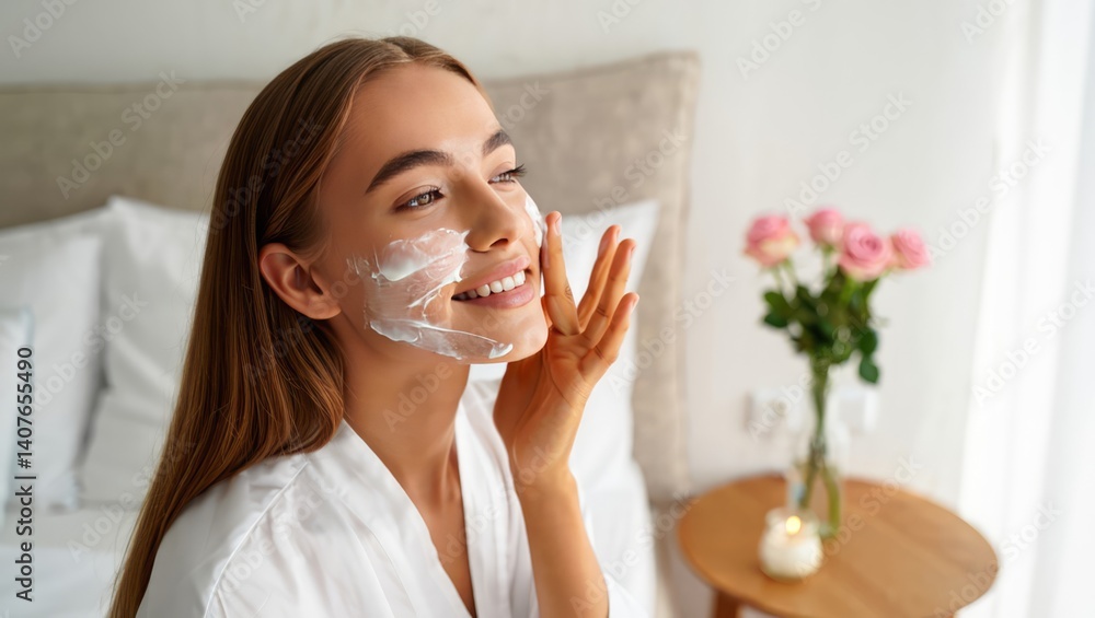 Woman applying facial cream in a bright room with soft natural light and flowers on a table while enjoying personal skincare routine Generative AI Woman applying facial cream in a bright room with soft natural light and flowers on a table while enjoying personal skincare routine Generative AI