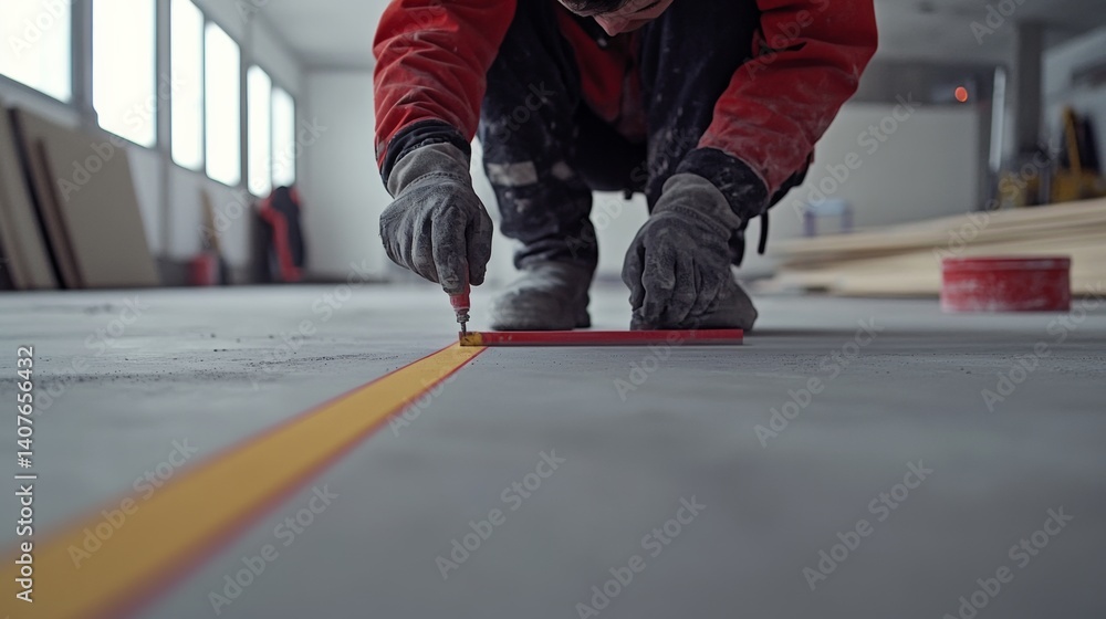 Fototapeta premium Construction worker marking lines on a concrete slab. Featuring accuracy and planning
