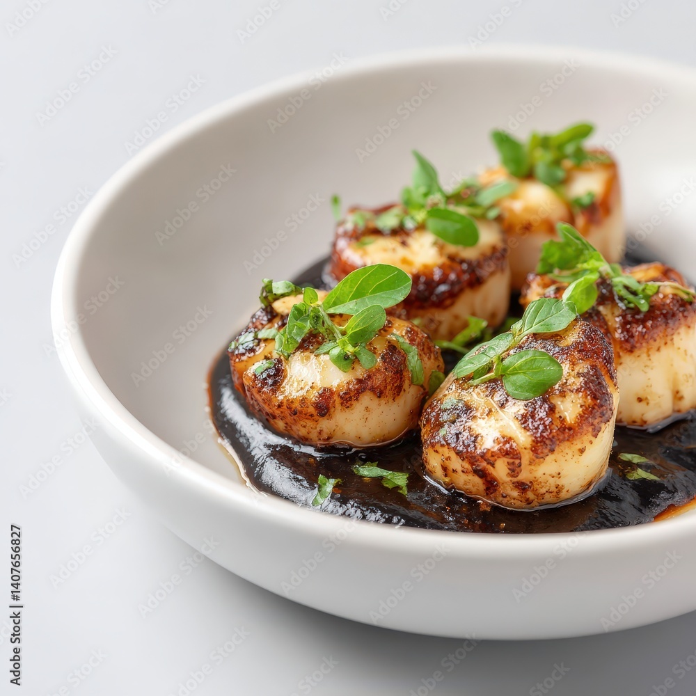 Exclusive seafood dish with scallops, squid ink sauce, and micro basil, bold contrast plating Exclusive seafood dish with scallops, squid ink sauce, and micro basil, bold contrast plating