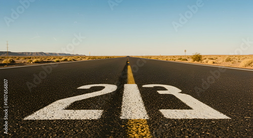 Endless Highway Stretch in Desert Landscape with Bold Painted Road Numbers