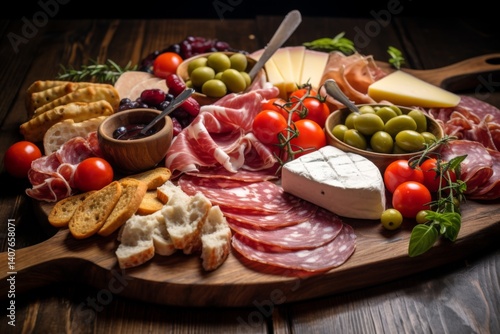 Wooden board with different type of cured meats and cheeses