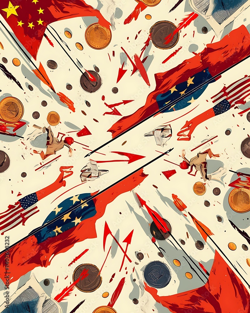 Fototapeta premium Geopolitical Conflict: A Clash of Flags and Finances