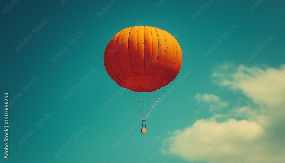 Fototapeta premium Serene orange hot air balloon ascending against a teal sky with puffy clouds