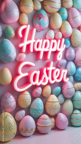 Vibrant 3D Easter vertical background with layered pastel egg motifs, abstract floral accents, and dynamic lighting for festive holiday designs