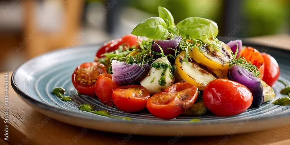 A colorful vegetable salad featuring grilled tomatoes, onions, and basil, served on a plate A colorful vegetable salad featuring grilled tomatoes, onions, and basil, served on a plate