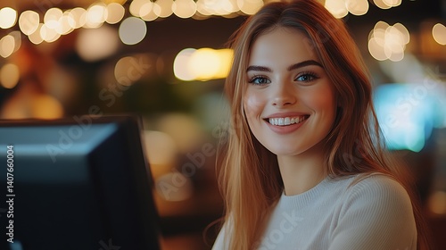 Radiant young woman with a bright smile looking at the camera while typing on her laptop in a softly lit cafe : Generative AI