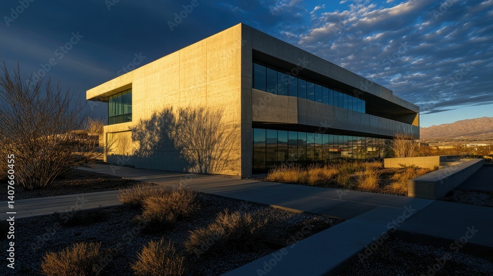 Obraz premium Modern concrete building sunset shadows desert landscape