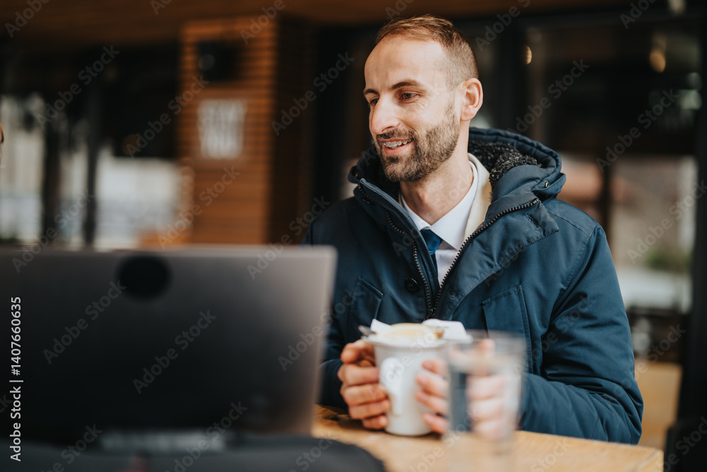 Businessman seated outdoors holding coffee and smiling while working on his laptop. Captures productivity and relaxation during a casual work setting. Businessman seated outdoors holding coffee and smiling while working on his laptop. Captures productivity and relaxation during a casual work setting.