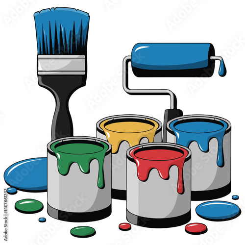 painting tools color cans rollers isolated vector illustration on white background