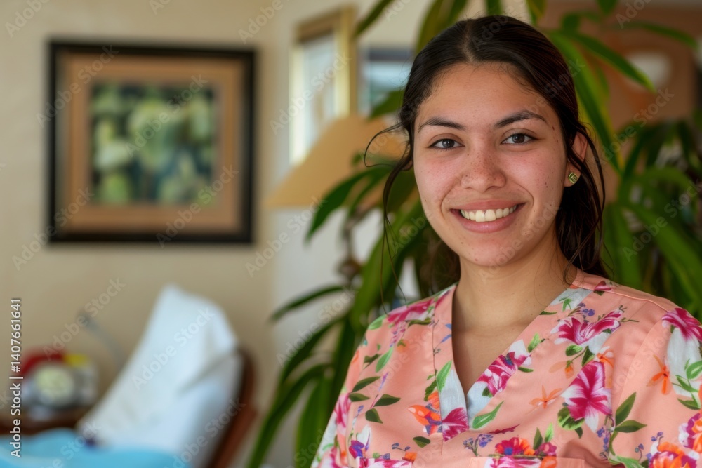 Young Hispanic nurse wearing scrubs in a nursing home smiling portrait Young Hispanic nurse wearing scrubs in a nursing home smiling portrait