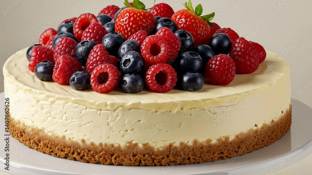 Rotating cheesecake with fresh berries showcasing delicious dessert details Rotating cheesecake with fresh berries showcasing delicious dessert details