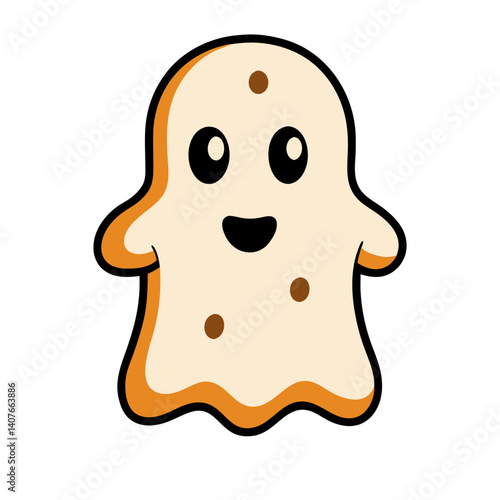 A cheerful, bread-shaped ghost playfully floats, radiating innocent joy and whimsical charm with a simple, cartoonish style.