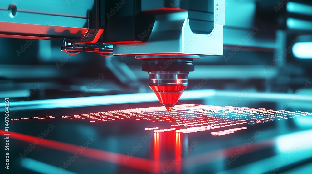 High Precision Laser Cutting Technology Creating Intricate Patterns with Red Light on Dark Surface : Generative AI