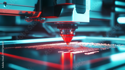 Obraz na płótnie High Precision Laser Cutting Technology Creating Intricate Patterns with Red Light on Dark Surface : Generative AI w salonie