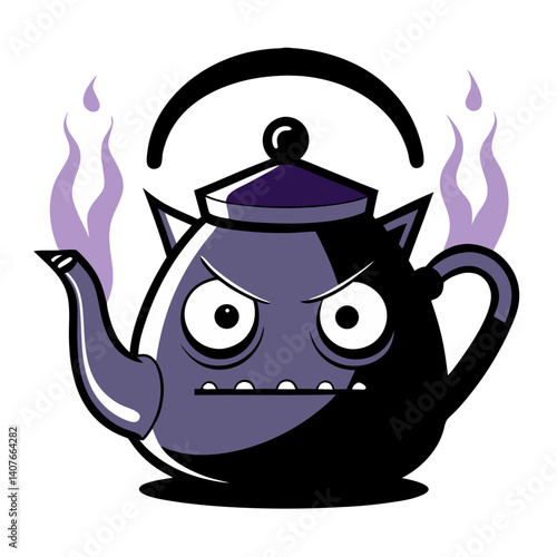 A grumpy kettle character steams with anger, showcasing bold outlines and contrasting dark purple and black tones.