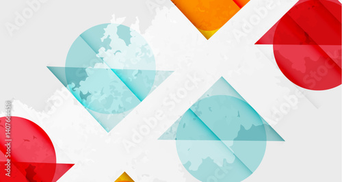 Abstract geometric shapes overlap, creating dynamic composition. Circles, triangles, rectangles present vibrant color palette against textured background. Modern design elements suggest innovation, cr