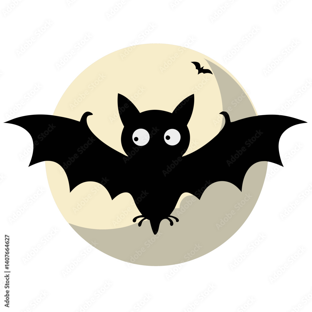 Fototapeta premium A whimsical bat soars against a pale moon on Halloween night, a simple silhouette against a soft yellow background.
