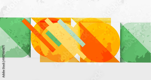 Abstract geometric composition. Overlapping shapes create dynamic visual effect. Warm colors dominate, contrasted by cool green accents. Textured background adds depth.
