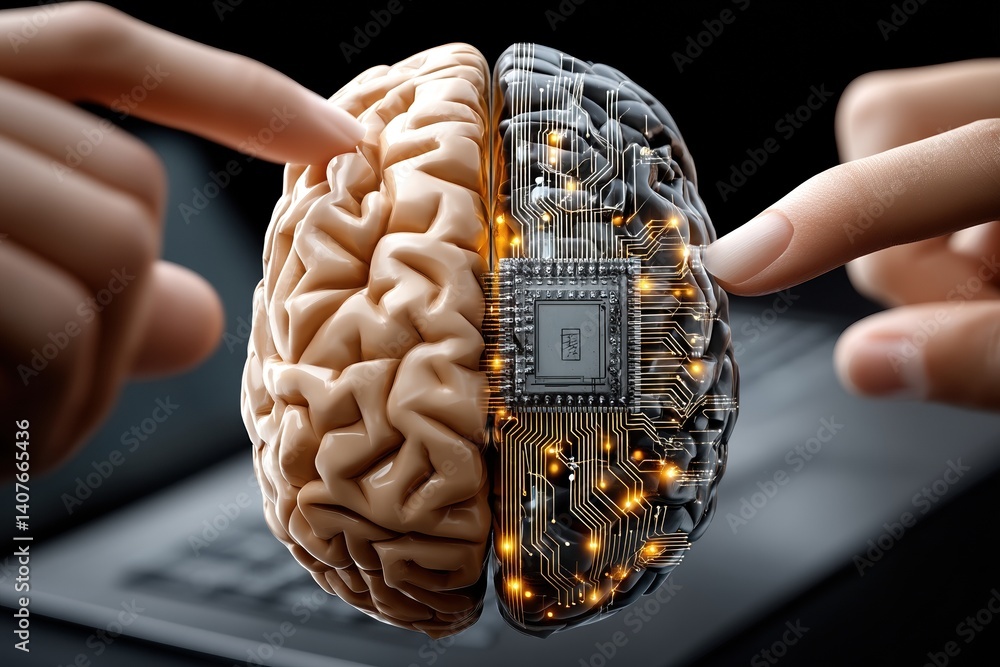 Human brain and artificial intelligence conceptual symbolism with microchip and neural interface design
