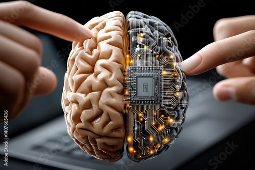 Obraz na płótnie Human brain and artificial intelligence conceptual symbolism with microchip and neural interface design w salonie