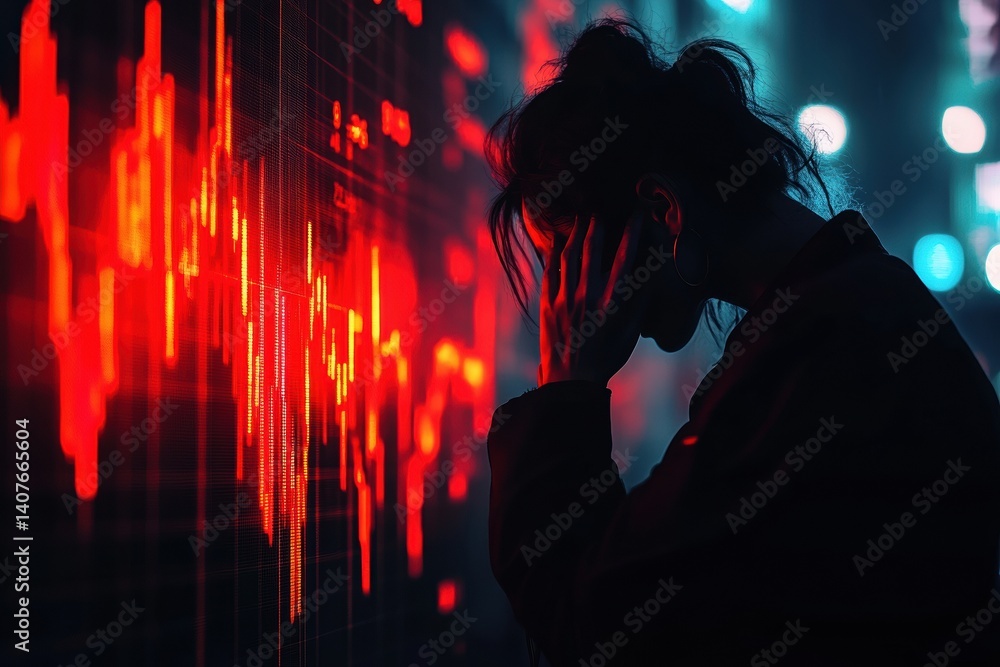 Financial crisis impact concept with stressed individual and red stock market graph in urban setting