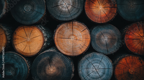 Obraz na płótnie Stacked wooden logs displaying natural texture and color variations in close-up view w salonie