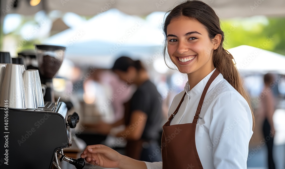 Portrait of smiling female barista serving coffee in vibrant cafe setting : Generative AI
