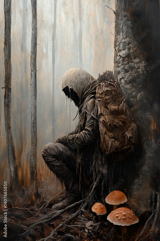 Mysterious figure in hooded cloak rests against tree in enchanted forest with wild mushrooms
