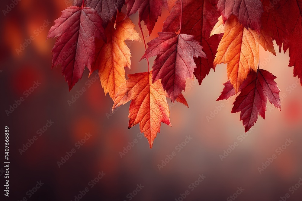 Autumn leaves in vibrant colors hanging against a blurred background during fall season Autumn leaves in vibrant colors hanging against a blurred background during fall season