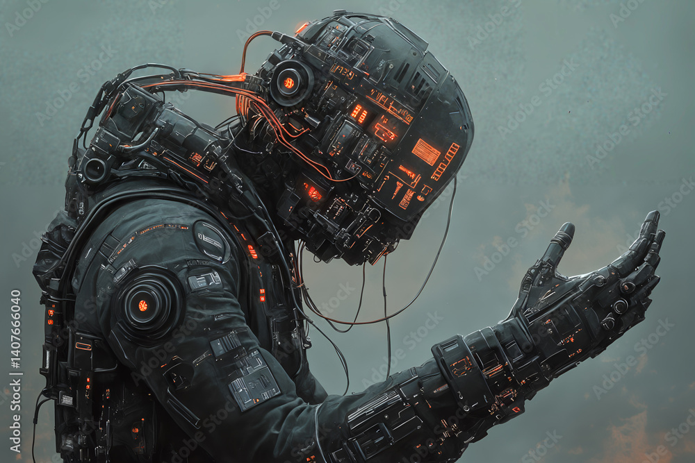 Futuristic cyborg with circuitry and cables in a digital environment