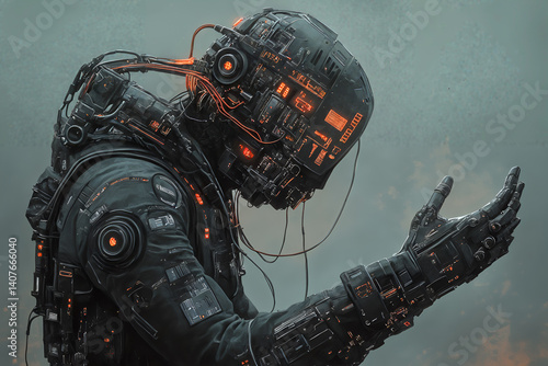 Obraz na płótnie Futuristic cyborg with circuitry and cables in a digital environment w salonie