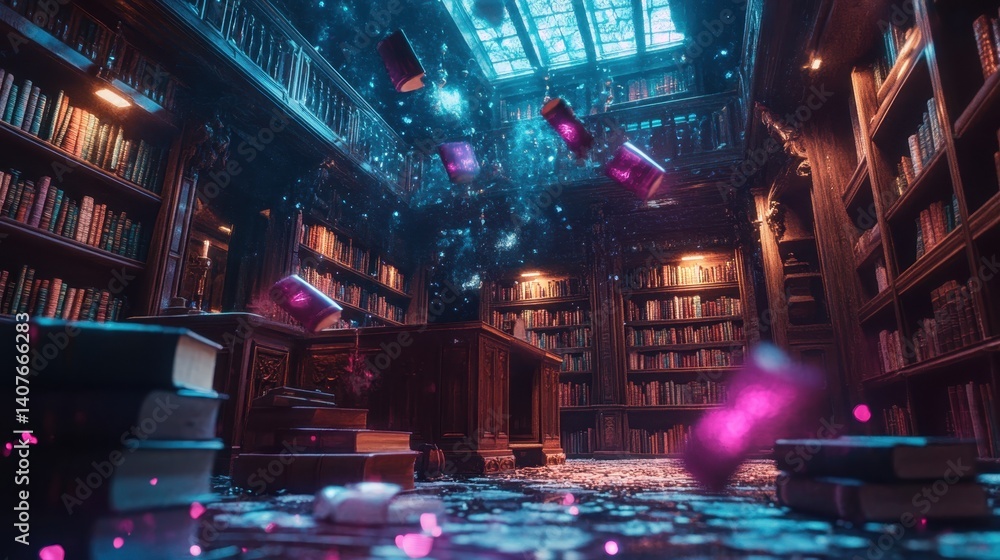 Books float gently in a mystical library surrounded by enchanting light and magical dust Books float gently in a mystical library surrounded by enchanting light and magical dust