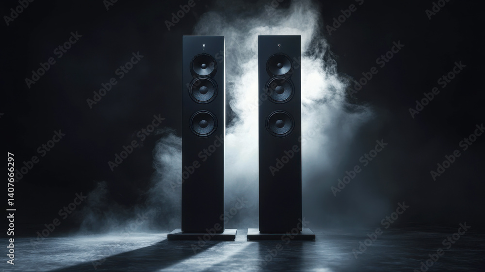 Pair of modern black floor-standing speakers emanating dramatic smoke effect in a dark ambient setting with atmospheric lighting