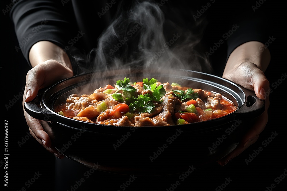 Delicious steaming dish held by hands showcasing vibrant vegetables and fresh herbs in a dark setting : Generative AI