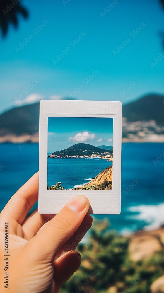 Hand holding a photo frame capturing a stunning coastal view with bright blue waters and distant hills : Generative AI