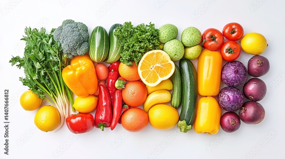Vibrant Rainbow of Fresh Fruits and Vegetables, A Celebration of Natural Color and Abundance
Vibrant Rainbow of Fresh Fruits and Vegetables, A Celebration of Natural Color and Abundance