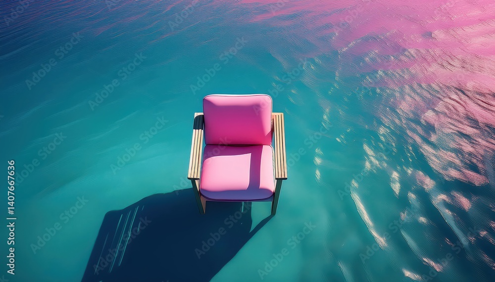 A Drones Perspective Pink Chair in Serene Water Scene, Blending Minimalism and Anime Charm with Elegant Clouds Overhead, Captured at Twilight.