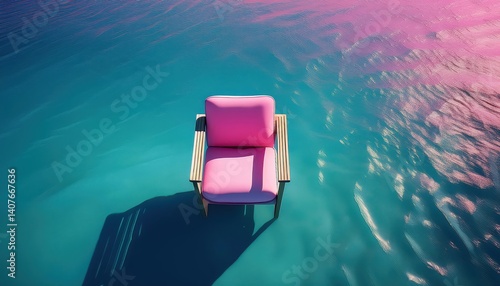 Obraz na płótnie A Drones Perspective Pink Chair in Serene Water Scene, Blending Minimalism and Anime Charm with Elegant Clouds Overhead, Captured at Twilight. w salonie