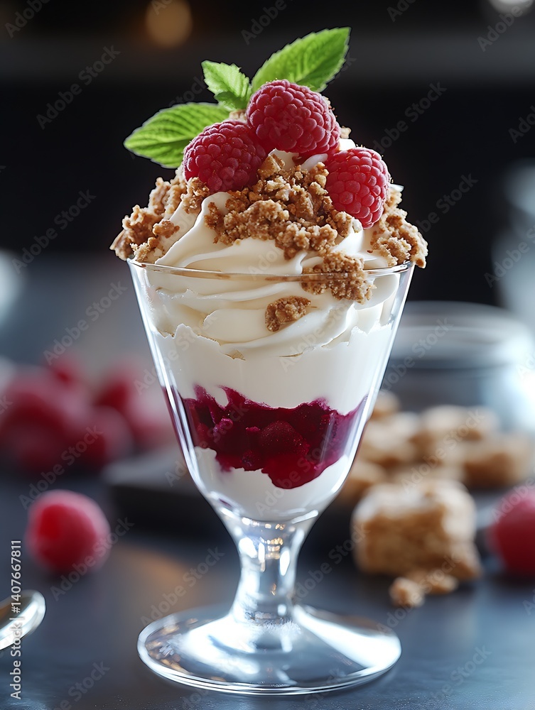Tempting Raspberry Parfait with Layers of Creamy Goodness and Crunchy Toppings Served in a Glass : Generative AI