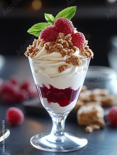 Obraz na płótnie Tempting Raspberry Parfait with Layers of Creamy Goodness and Crunchy Toppings Served in a Glass : Generative AI w salonie