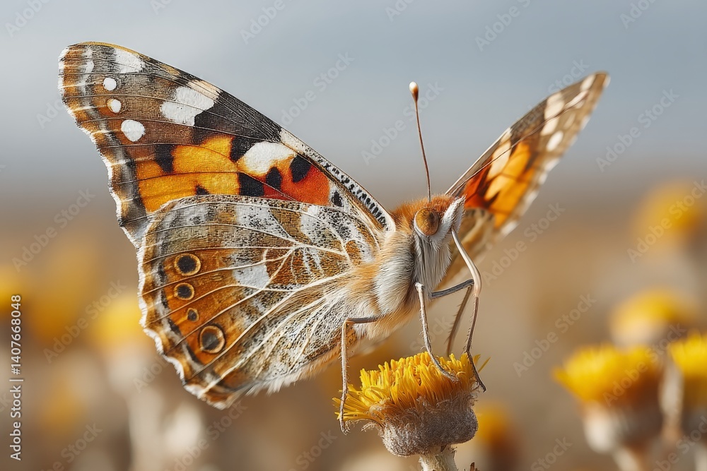 Obraz premium Colorful butterfly perched on a vibrant yellow flower in a sunny meadow during springtime