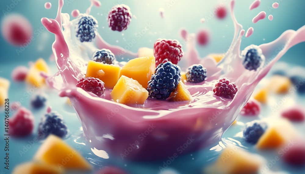 Stunning splash of colorful fruit in creamy yogurt creating a vibrant dessert scene : Generative AI