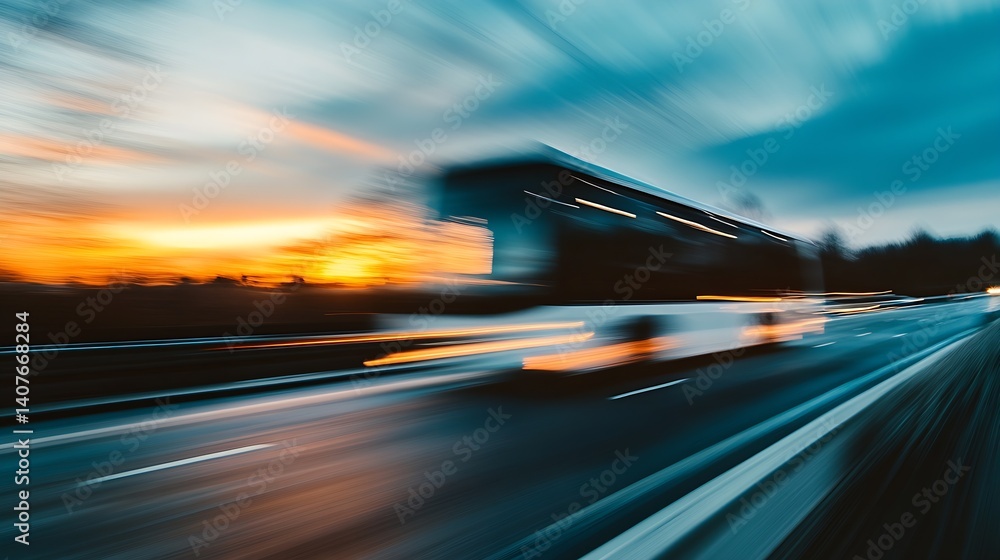 Fast Movement of a Bus on an Empty Road With an Orange Sunset Lighting Up the Sky : Generative AI