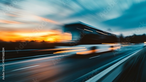 Obraz na płótnie Fast Movement of a Bus on an Empty Road With an Orange Sunset Lighting Up the Sky : Generative AI w salonie