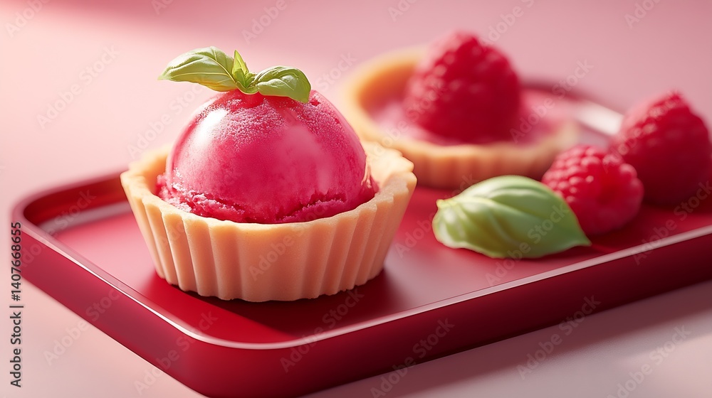 Tasty raspberry sorbet in a tart shell with fresh berries creating an appealing dessert : Generative AI
