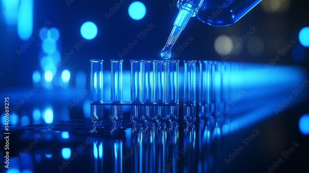 Close-up of pipette dropping liquid into test tubes against vibrant bokeh light background : Generative AI