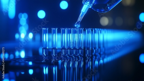 Obraz na płótnie Close-up of pipette dropping liquid into test tubes against vibrant bokeh light background : Generative AI w salonie