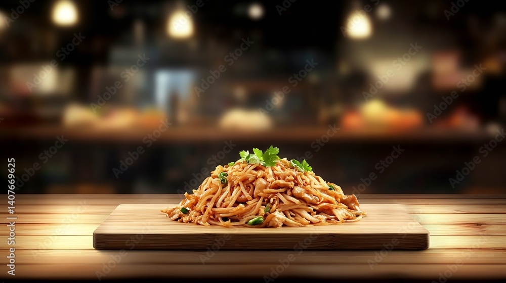 Flavor-packed Stir-fried Noodles with Chicken and Greens beautifully arranged on a wooden board : Generative AI