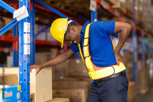 Obraz na płótnie worker back pain, african male worker working in warehouse storage suffering from muscle problem w salonie