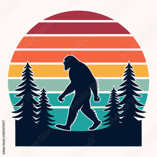 Bigfoot Silhouette Walking Retro Sunset Forest T-Shirt Design.